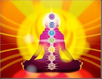 figure sitting in padmasana with over lay of chakras